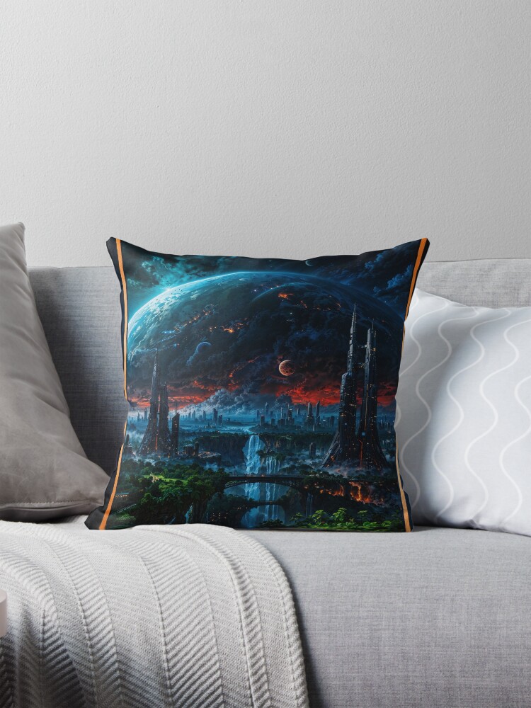 Epic Trans-dimensional Alien World With Towering Cityscapes and Waterfalls Awe-Inspiring AI Concept Art by Xzendor7 Decorative Art Print Throw Pillow