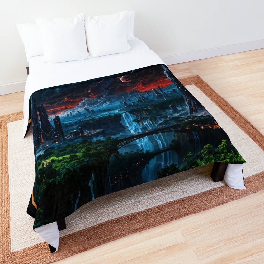 Epic Trans-dimensional Alien World With Towering Cityscapes and Waterfalls Awe-Inspiring AI Concept Art by Xzendor7 Decorative Art Print Comforter