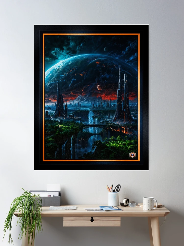 Epic Trans-dimensional Alien World With Towering Cityscapes and Waterfalls Awe-Inspiring AI Concept Art by Xzendor7 Wall Decor Poster Art Print