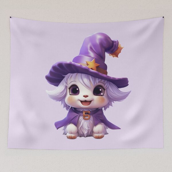 Item preview, Kawaii Halloween White Dog in Purple Witch Hat designed and sold by KawaiiArtStyle.