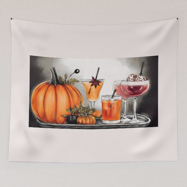 Item preview, Large Pumpkin Beside Colorful Cocktails Garnished with Fruits and Leaves Festive Autumn Vibes Digital Art designed and sold by OlfactoART Studio.