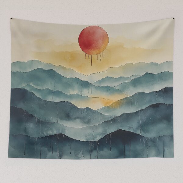 Item preview, Red Sun Over Mountains - Abstract Landscape designed and sold by solynneart.