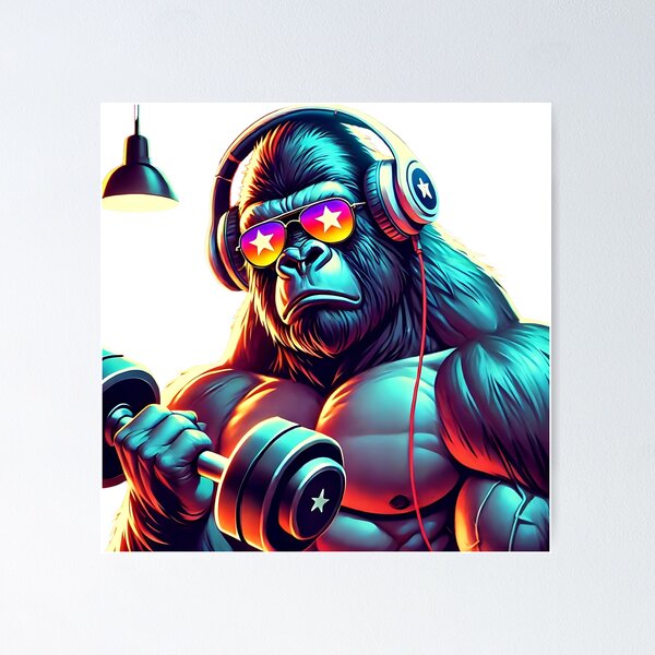 Item preview, Muscle gorilla with sunglasses and dumbbell designed and sold by OtterDesigns.