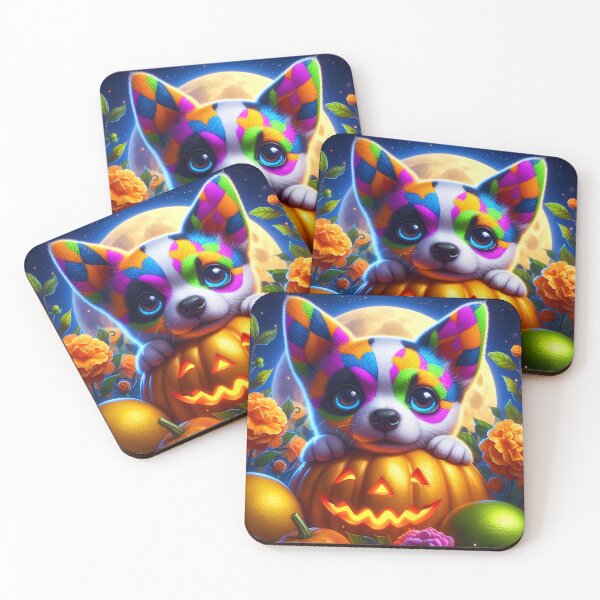 Item preview, Harlequin colorful doggo on jackolantern among flowers in front of full moon cute halloween illustration designed and sold by EmeraldeaArt.