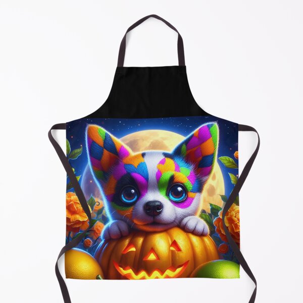 Item preview, Harlequin colorful doggo on jackolantern among flowers in front of full moon cute halloween illustration designed and sold by EmeraldeaArt.