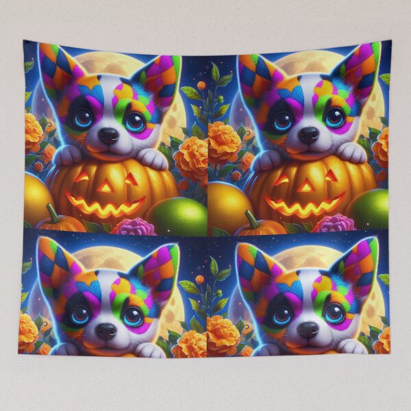 Item preview, Harlequin colorful doggo on jackolantern among flowers in front of full moon cute halloween illustration designed and sold by EmeraldeaArt.