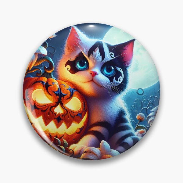 Item preview, Cute Harlequin kitty and jackolantern among white flowers in front of full moon halloween illustration designed and sold by EmeraldeaArt.