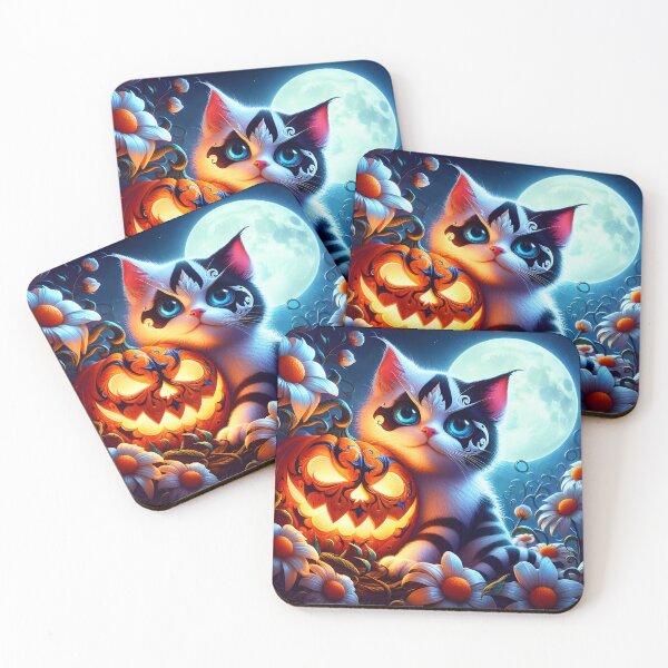 Item preview, Cute Harlequin kitty and jackolantern among white flowers in front of full moon halloween illustration designed and sold by EmeraldeaArt.