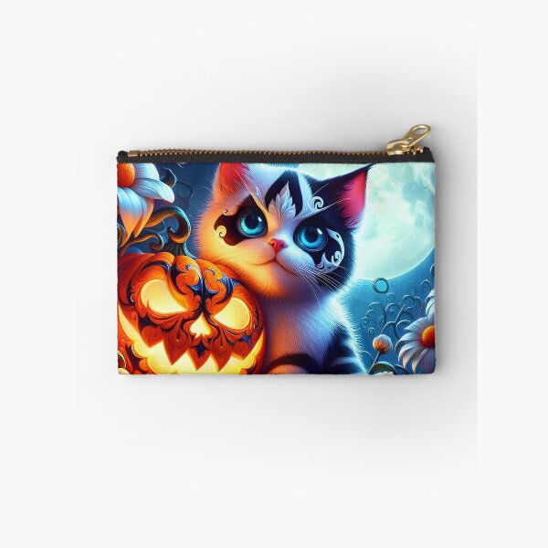 Item preview, Cute Harlequin kitty and jackolantern among white flowers in front of full moon halloween illustration designed and sold by EmeraldeaArt.