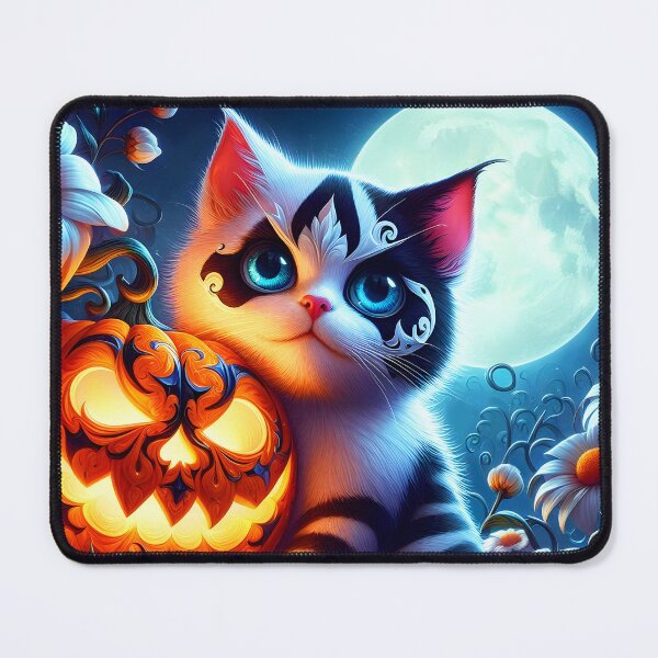 Item preview, Cute Harlequin kitty and jackolantern among white flowers in front of full moon halloween illustration designed and sold by EmeraldeaArt.