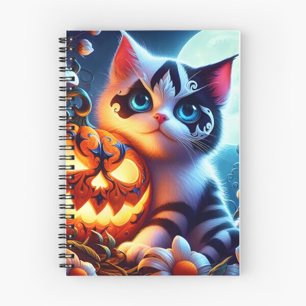 Item preview, Cute Harlequin kitty and jackolantern among white flowers in front of full moon halloween illustration designed and sold by EmeraldeaArt.