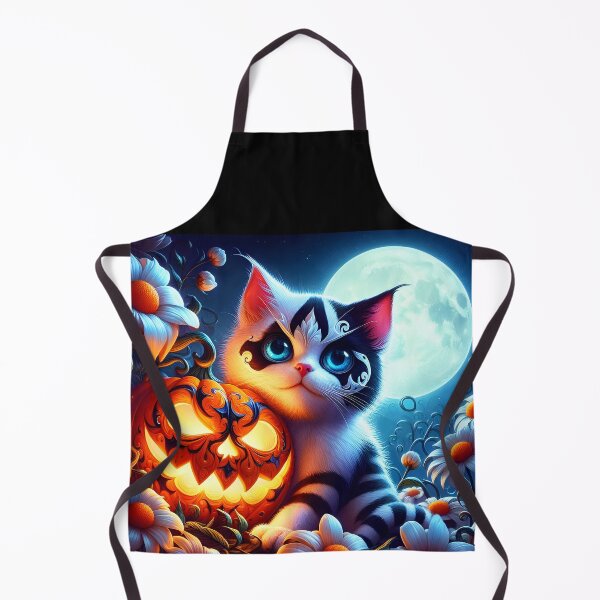 Item preview, Cute Harlequin kitty and jackolantern among white flowers in front of full moon halloween illustration designed and sold by EmeraldeaArt.