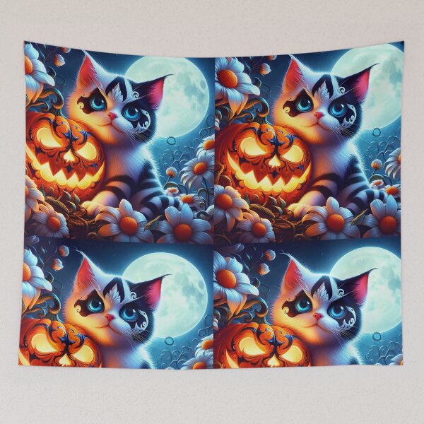 Item preview, Cute Harlequin kitty and jackolantern among white flowers in front of full moon halloween illustration designed and sold by EmeraldeaArt.