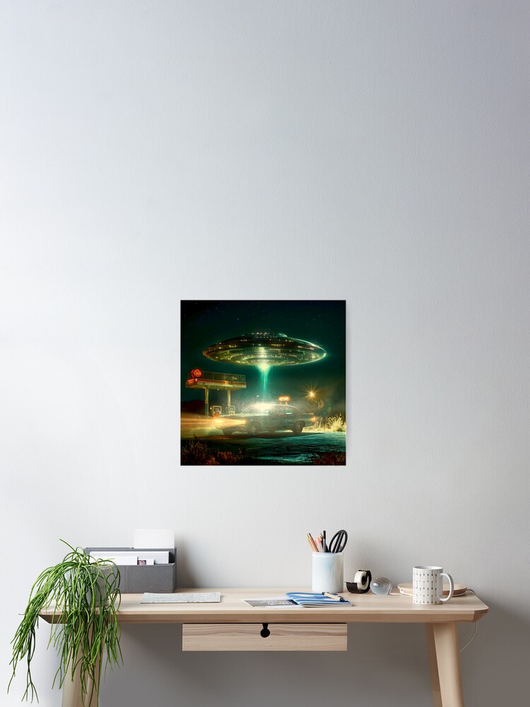 UFO over a gas station - vintage Poster