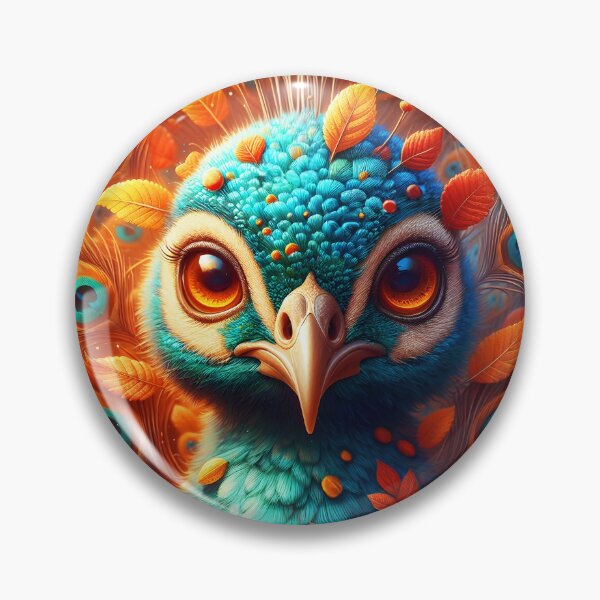 Item preview, Autumnal turquoise peacock portrait with fall leafy peacock feathers wing art designed and sold by EmeraldeaArt.