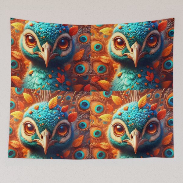 Item preview, Autumnal turquoise peacock portrait with fall leafy peacock feathers wing art designed and sold by EmeraldeaArt.