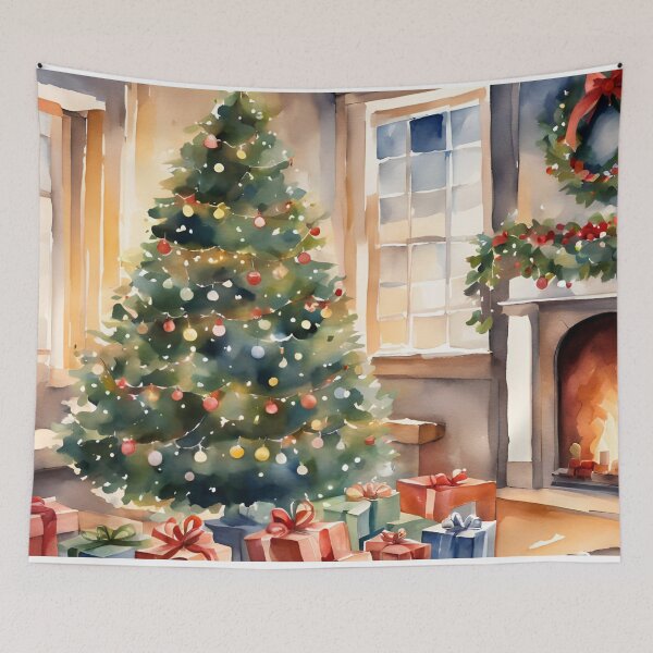 Artikelvorschau, Weihnachtsbaum Kamin Szene Aquarell Design entworfen und verkauft von Tammy Marie Russell.