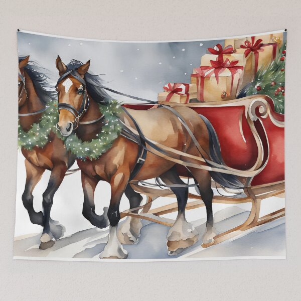 Artikelvorschau, Weihnachten Pferde Schlitten Winter Szene Aquarell Design entworfen und verkauft von Tammy Marie Russell.