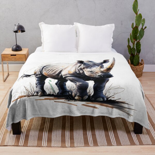 Item preview, A rhino with a long horn stands in a field designed and sold by PWDigitalArt.