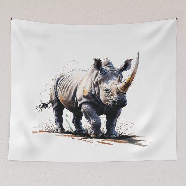 Item preview, A rhino with a long horn stands in a field designed and sold by PWDigitalArt.