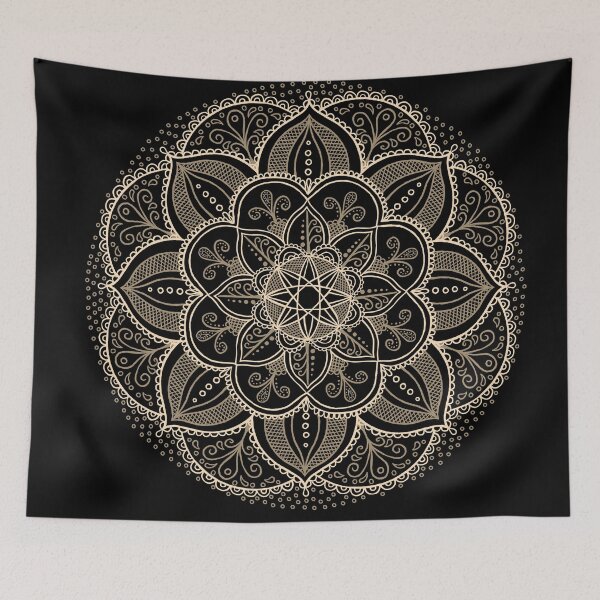 Item preview, Hand drawn Mandala in cream and gold on black designed and sold by Sideofthehill.