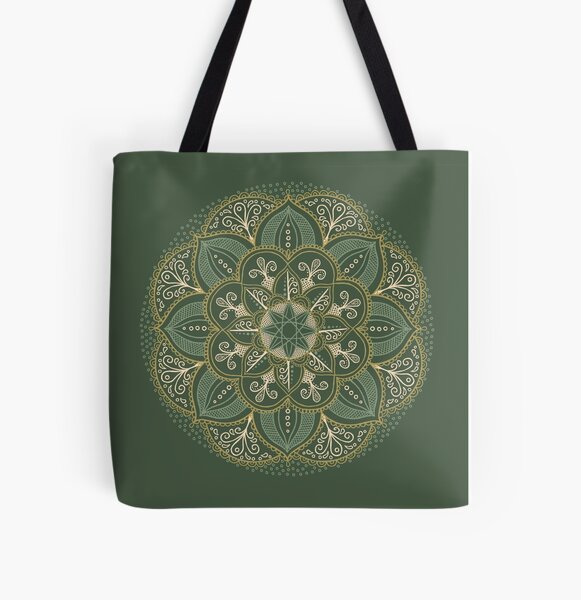 Item preview, Hand drawn Mandala in cream, gold and green on khaki designed and sold by Sideofthehill.