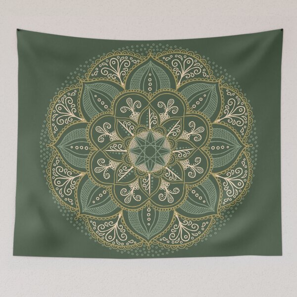 Item preview, Hand drawn Mandala in cream, gold and green on khaki designed and sold by Sideofthehill.