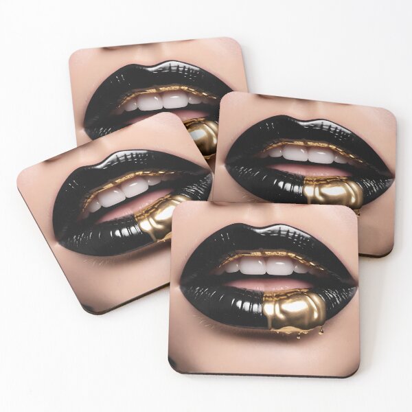 Item preview, Close-up of a mouth with black crystal-embellished lips, gold upper lip color, and a single gold drip on a pink background designed and sold by islamicwallart.