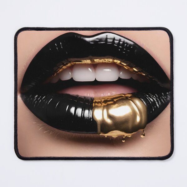 Item preview, Close-up of a mouth with black crystal-embellished lips, gold upper lip color, and a single gold drip on a pink background designed and sold by islamicwallart.