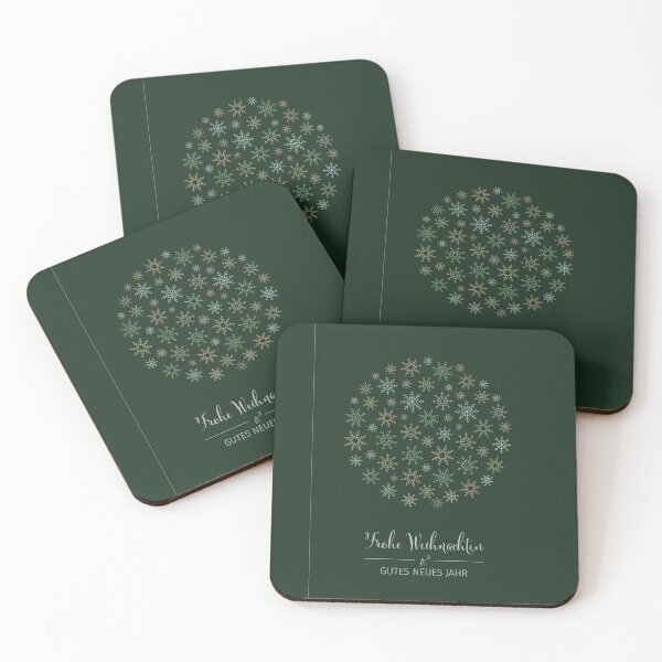 Item preview, Festive German language "Frohe Weihnachten & Gutes Neues Jahr" (Merry Christmas & Happy New Year) postcard with different snowflakes forming a christmas bauble on dark green background. designed and sold by AndreasPrott.