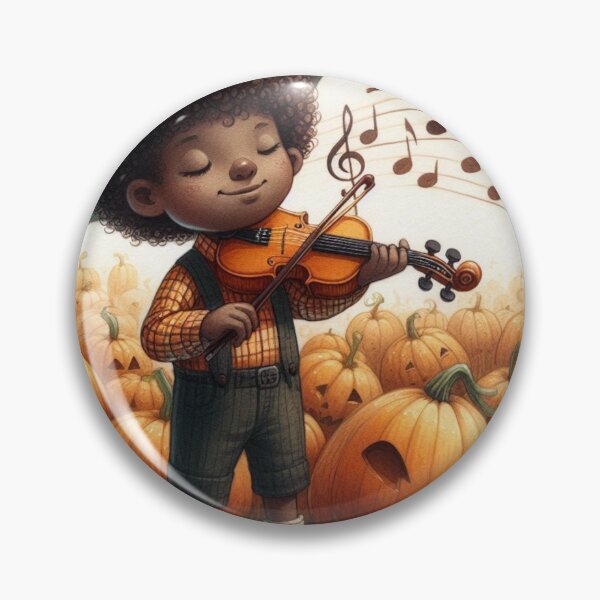 Item preview, Boy in Flowered Hat Playing Violin in Pumpkin Patch with Jack O Lanterns designed and sold by ElegantTeaTime.