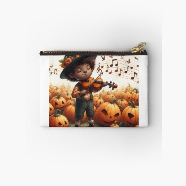Item preview, Boy in Flowered Hat Playing Violin in Pumpkin Patch with Jack O Lanterns designed and sold by ElegantTeaTime.