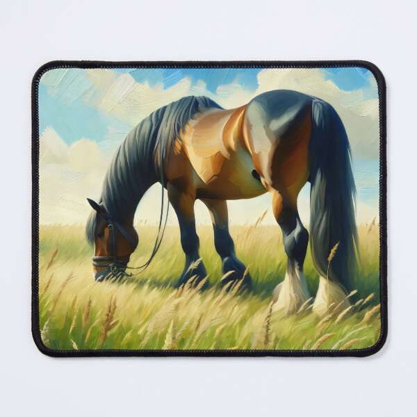 Aperçu de l'œuvre Cheval broutant dans un pré paisible créée et vendue par GoldenPattern.