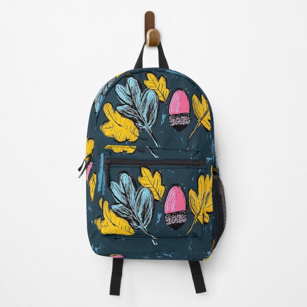 Item preview, Brightly Colored Leaves and Vibrant Acorn in Yellow Blue and Pink Against Dark Background designed and sold by OlfactoART Studio.