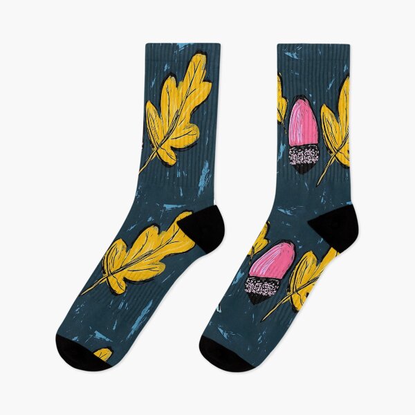 Item preview, Brightly Colored Leaves and Vibrant Acorn in Yellow Blue and Pink Against Dark Background designed and sold by OlfactoART Studio.