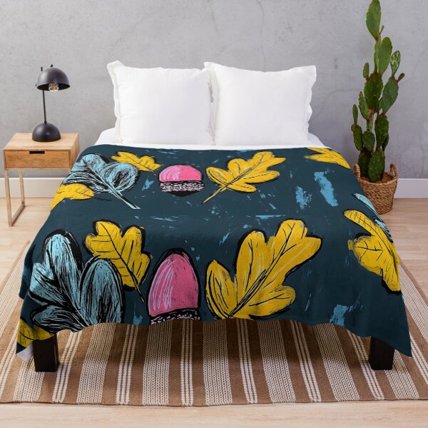Item preview, Brightly Colored Leaves and Vibrant Acorn in Yellow Blue and Pink Against Dark Background designed and sold by OlfactoART Studio.