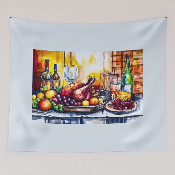 Item preview, Fruits Vegetables and Wine Bottles with Roasted Turkey for Lively Thanksgiving Table Setting AI Generated designed and sold by OlfactoART Studio.