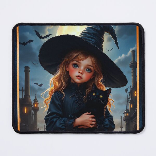 Item preview, An Enchanting Little Girl As A Halloween Witch Holding Her Black Cat Adorable AI Concept Art by Xzendor7 designed and sold by Xzendor7 Digital Art Creations.