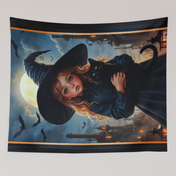 Item preview, An Enchanting Little Girl As A Halloween Witch Holding Her Black Cat Adorable AI Concept Art by Xzendor7 designed and sold by Xzendor7 Digital Art Creations.