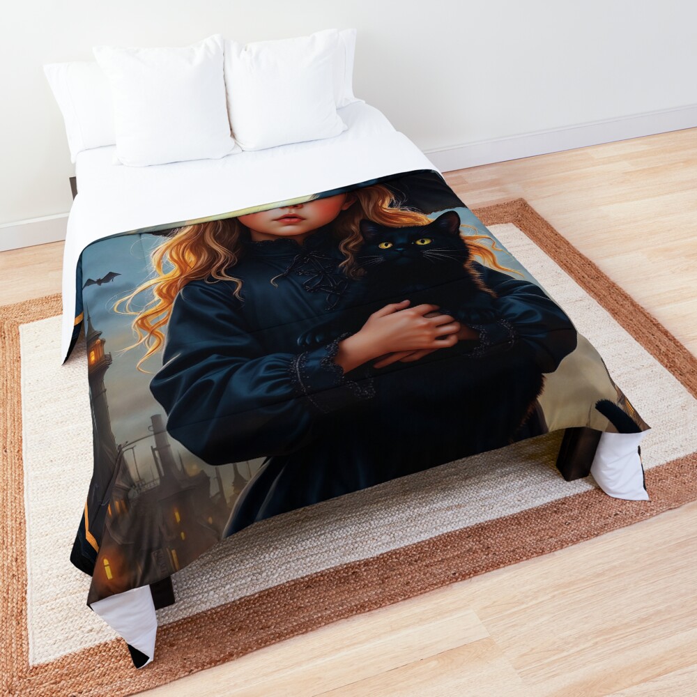 Очаровательная маленькая девочка в образе Хэллоуинской ведьмы, держащей своего черного кота. Концепт-арт AI от Xzendor7 | Очаровательная фэнтезийная сцена 3 An Enchanting Little Girl As A Halloween Witch Holding Her Black Cat Adorable AI Concept Art by Xzendor7 Decorative Art Print Comforter
