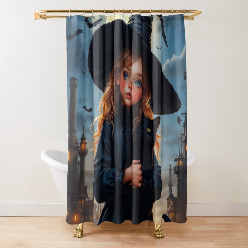 Очаровательная маленькая девочка в образе Хэллоуинской ведьмы, держащей своего черного кота. Концепт-арт AI от Xzendor7 | Очаровательная фэнтезийная сцена 4 An Enchanting Little Girl As A Halloween Witch Holding Her Black Cat Adorable AI Concept Art by Xzendor7 Decorative Art Print Shower Curtain