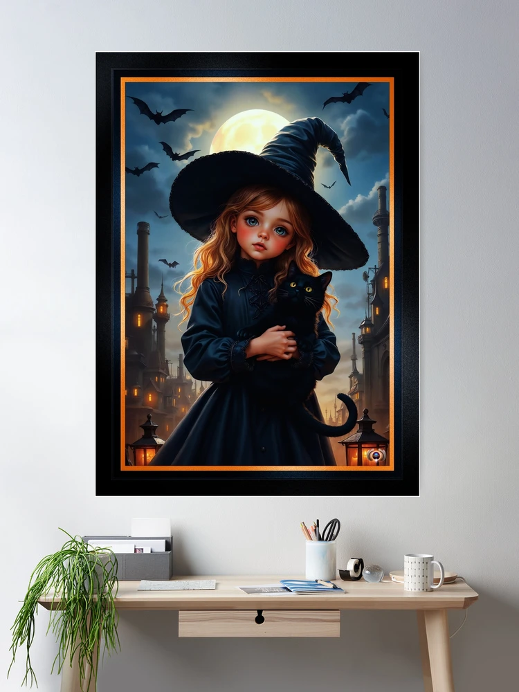 Очаровательная маленькая девочка в образе Хэллоуинской ведьмы, держащей своего черного кота. Концепт-арт AI от Xzendor7 | Очаровательная фэнтезийная сцена 2 An Enchanting Little Girl As A Halloween Witch Holding Her Black Cat Adorable AI Concept Art by Xzendor7 Wall Decor Poster Art Print
