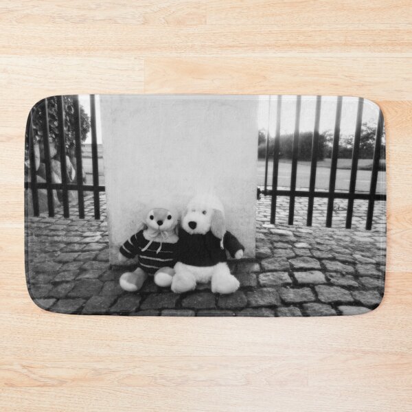 Item preview, BLACK AND WHITE PHOTOGRAPHY - PLUSH TOYS - DOG AND RABBIT SITTING ON COBBLESTONES AT GATE BACK ENTRANCE SPENTRUP CHURCHYARD - SPENTRUP DENMARK designed and sold by Most1234.