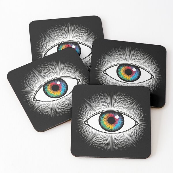 Item preview, a striking and bold white design featuring a bold, black illustration of a stylized eye surrounded by a vibrant, colorful aura: designed and sold by Omar-mo24.