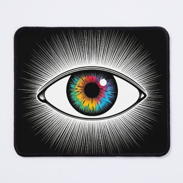 Item preview, a striking and bold white design featuring a bold, black illustration of a stylized eye surrounded by a vibrant, colorful aura: designed and sold by Omar-mo24.