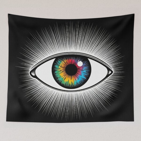 Item preview, a striking and bold white design featuring a bold, black illustration of a stylized eye surrounded by a vibrant, colorful aura: designed and sold by Omar-mo24.