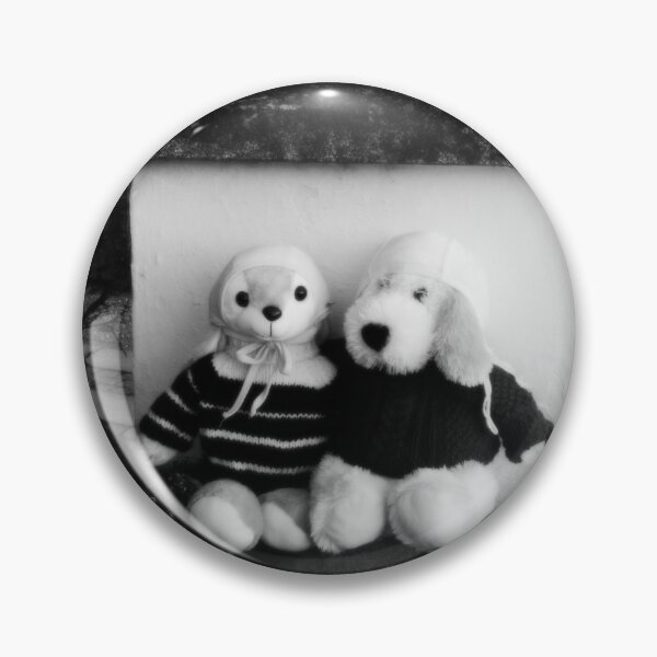 Item preview, BLACK AND WHITE PHOTOGRAPHY - PLUSH TOYS - A DOG AND A RABBIT SITTING ON STONE WALL AT BACK ENTRANCE - SPENTRUP CHURCHYARD - SPENTRUP DENMARK. designed and sold by Most1234.
