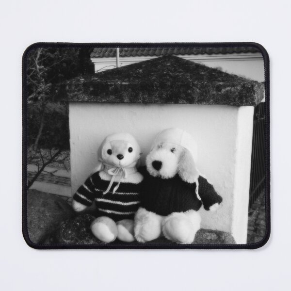 Item preview, BLACK AND WHITE PHOTOGRAPHY - PLUSH TOYS - A DOG AND A RABBIT SITTING ON STONE WALL AT BACK ENTRANCE - SPENTRUP CHURCHYARD - SPENTRUP DENMARK. designed and sold by Most1234.