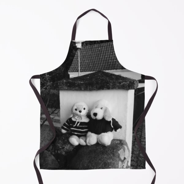 Item preview, BLACK AND WHITE PHOTOGRAPHY - PLUSH TOYS - A DOG AND A RABBIT SITTING ON STONE WALL AT BACK ENTRANCE - SPENTRUP CHURCHYARD - SPENTRUP DENMARK. designed and sold by Most1234.