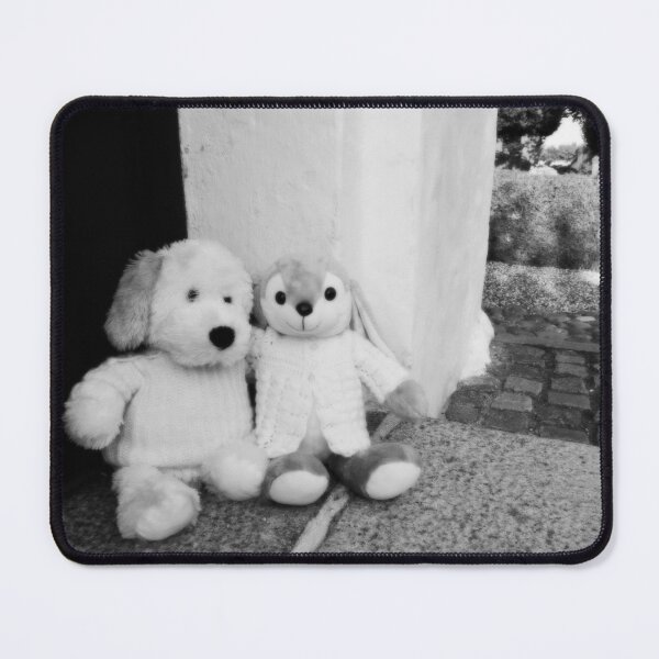 Item preview, BLACK AND WHITE PHOTOGRAPHY - PLUSH TOYS - A DOG AND A RABBIT SITTING AT CHURCH STEP - ENTRANCE - SPENTRUP CHURCH - SPENTRUP DENMARK. designed and sold by Most1234.